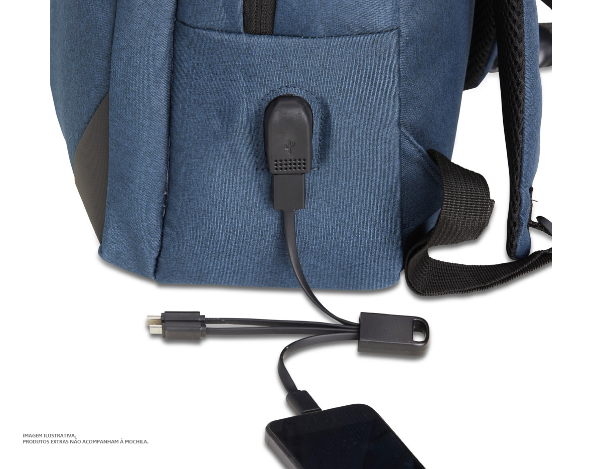Mochila de nylon 27 litros com três compartimentos, sendo o principal com bolso para notebook 15.6 polegadas. Com divisórias internas para acessórios, bolso lateral, alça para engate em malas de viagem e suporte externo usb.