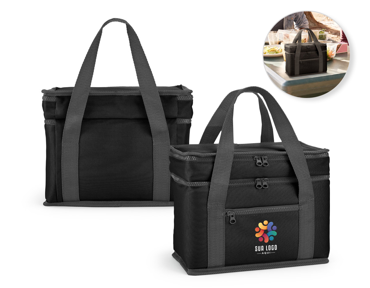 Bolsa térmica feita em 600D poliéster reciclado (100% rPET), com dois compartimentos principais isolados em PEVA, que facilitam a higienização. Possui um bolso frontal com zíper e capacidade de até 10 L, ideal para manter alimentos e bebidas na temperatura adequada.