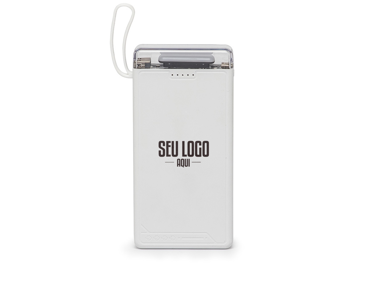 Carregador power bank de 10.000mAh com lanterna e múltiplas saídas. Produzido em plástico, este power bank possui indicadores de bateria e vem equipado com quatro cabos de carregamento, eliminando a necessidade de transportar cabos extras. Compatível com entradas V8, Tipo-C, Lightning e USB, praticidade é o sinônimo deste carregador. Com alça de borracha e um tamanho compacto para um transporte discreto, ele possui uma capacidade real de 6.000mAh para manter os dispositivos sempre carregados. Acompanha cabo USB-V8.