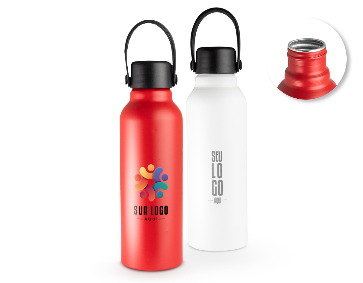 Garrafa de Alumínio 800ml – Leve, resistente e prática para o dia a dia. Possui tampa plástica rosqueável com alça integrada, garantindo fácil transporte e segurança no uso. Ideal para hidratação em qualquer momento!