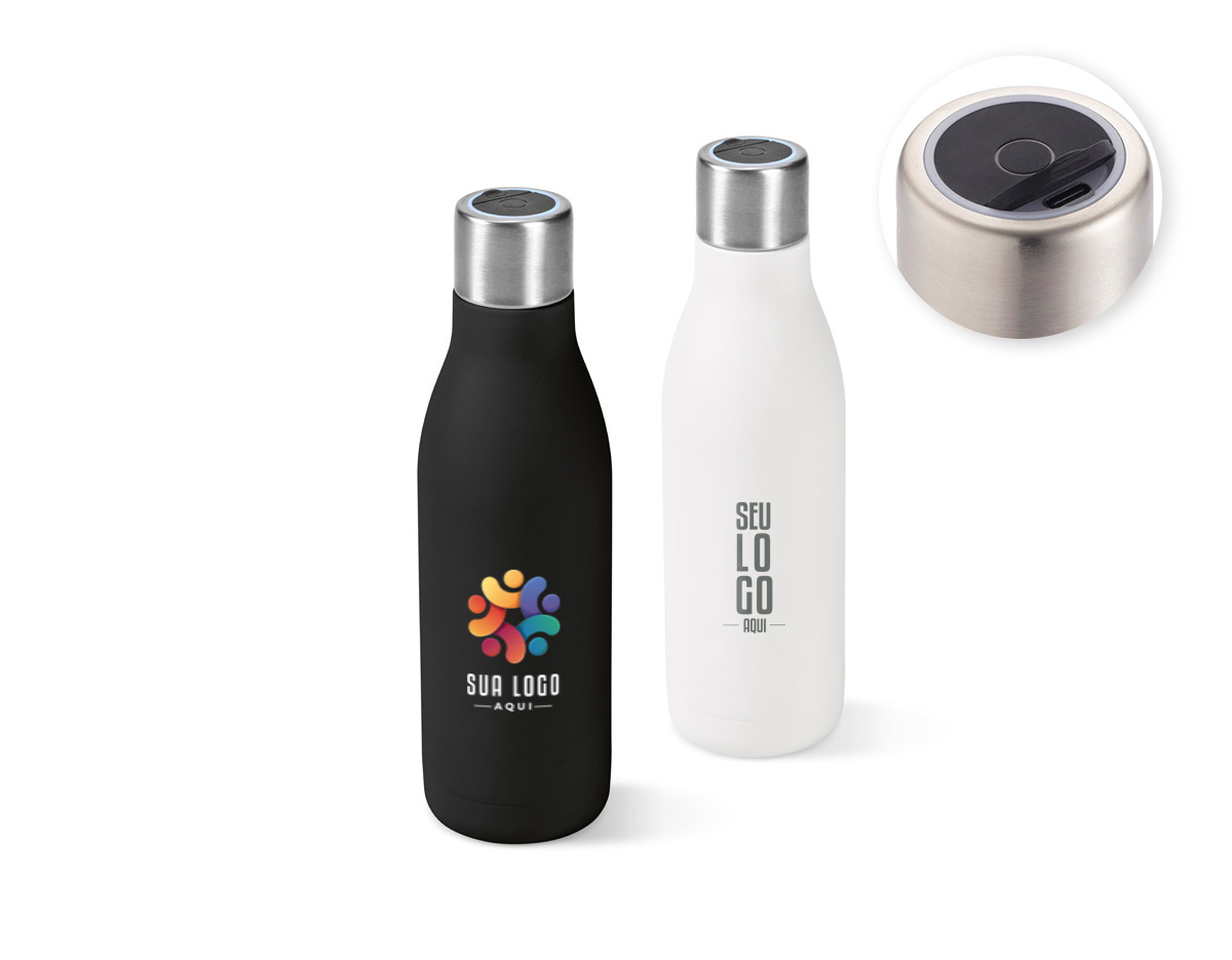 Garrafa em aço inox (90% reciclado) de parede dupla térmica, isolada a vácuo. Garrafa com sistema de auto-sanitização UV que inativa vírus e bactérias que estejam na sua garrafa, tornando a sua bebida mais segura. Capacidade até 500 mL