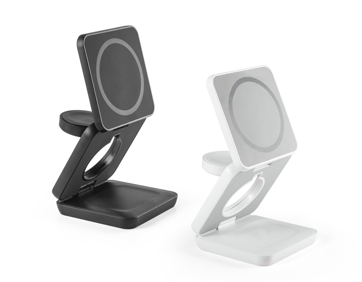Carregador magnético wireless super rápido dobrável em ABS 100% reciclado, permite carregar três dispositivos simultaneamente: celular 15W, fones de ouvido 5W e smartwatch 2,5W, com tecnologia de carregamento sem fios. Incluso um grip magnético extra para ser colocado nos smartphones que não tenham e um cabo de carregamento rápido USB-C. Ideal para usar no escritório e levar em viagem. O produto também pode ser utilizado como suporte. Fornecida em caixa presente de papel kraft. Dobrado: 70 x 70 x 25 mm | Caixa: 110 x 90 x 36 mm