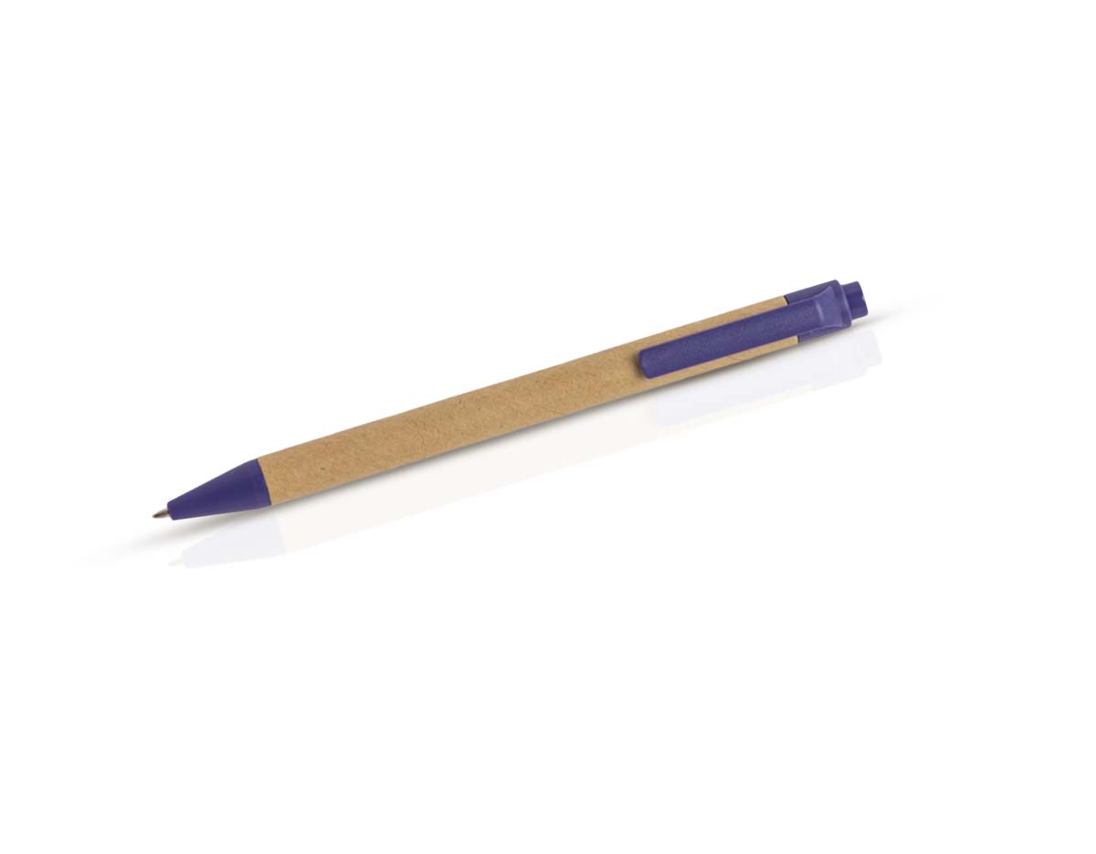 A caneta é feita de papelão, com detalhes plásticos que proporcionam um design simples e funcional. Possui carga esferográfica azul, garantindo uma escrita suave e de qualidade. O acionamento é feito por clique, oferecendo praticidade no uso diário. Ideal para quem busca um item de escrita acessível e eficiente.