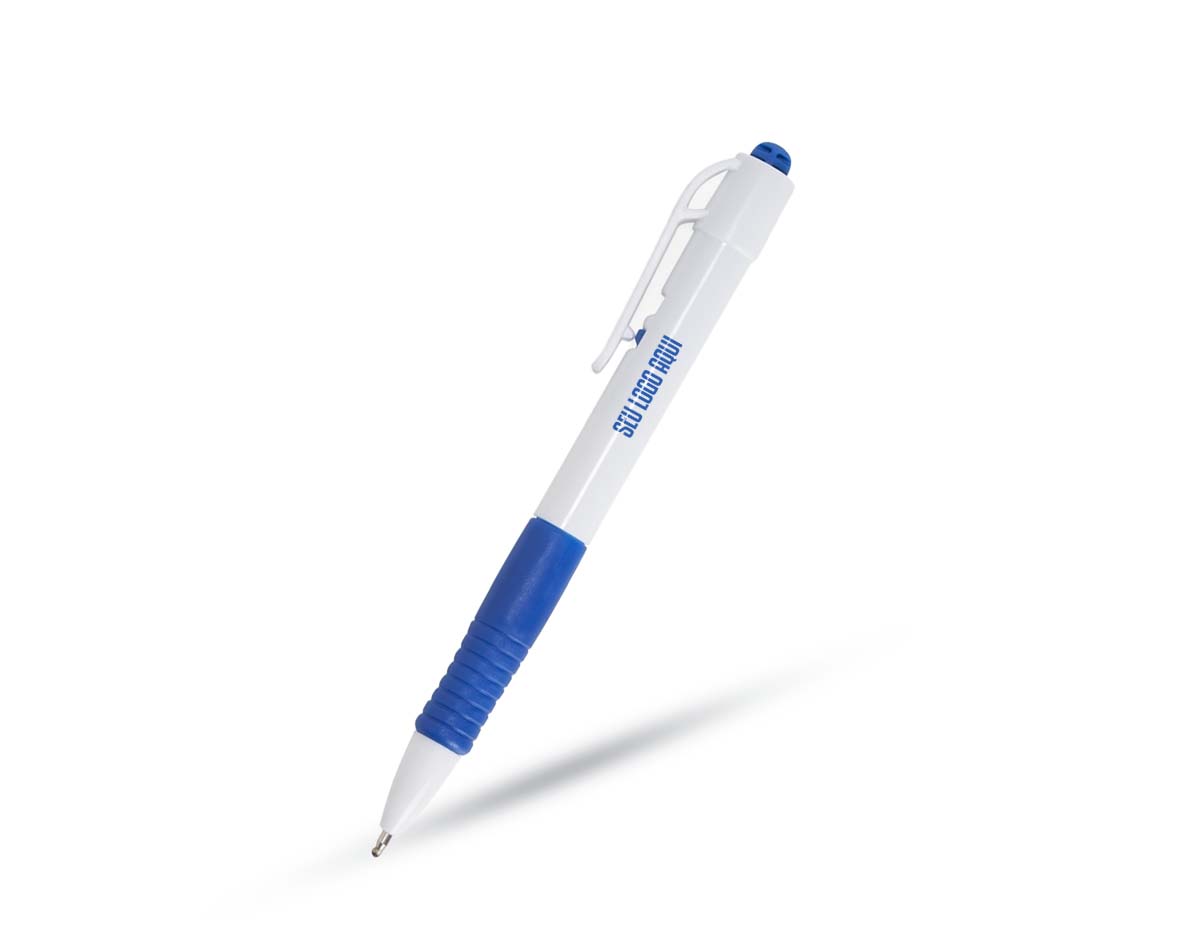 Caneta plástica com detalhes emborrachados, proporcionando maior conforto ao escrever. Possui carga esferográfica azul e acionamento por clique, sendo uma opção prática e eficiente para uso diário.