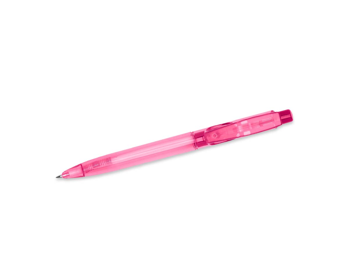 Caneta plástica com carga esferográfica azul, escrita macia e fluida. Acionamento por clique, oferecendo praticidade no uso diário. Leve, resistente e ideal para escolas, escritórios ou uso pessoal.