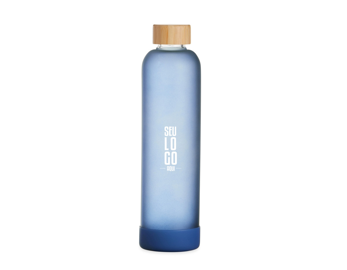 Garrafa de vidro borossilicato com capacidade de 1 litro. Contém tampa de bambu e base de silicone anti-impacto (removível).