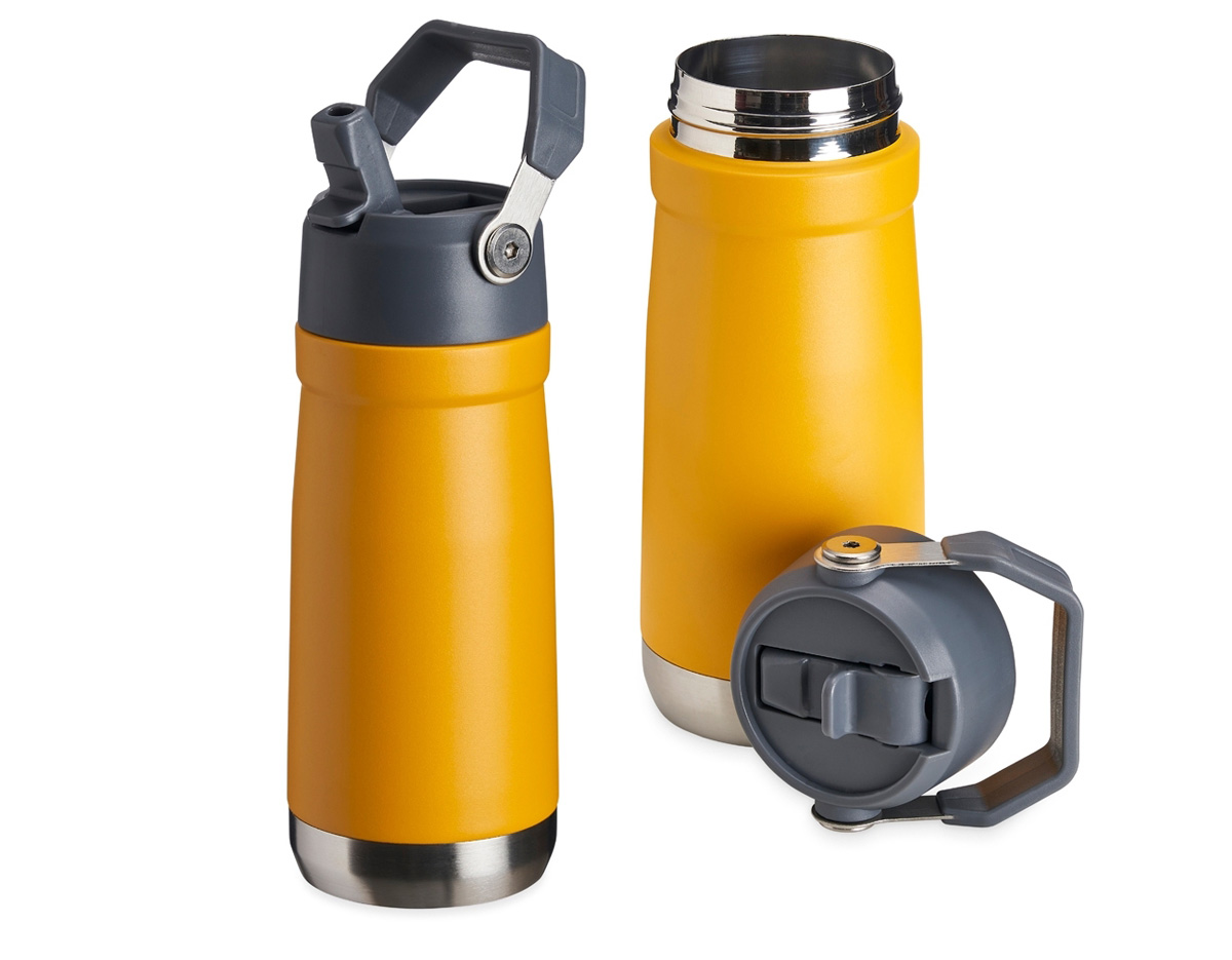 Garrafa térmica em inox com parede dupla e 550ml de capacidade. Possui tampa com alça para transporte, bico flip prático e canudo interno. Ideal para manter bebidas na temperatura ideal.