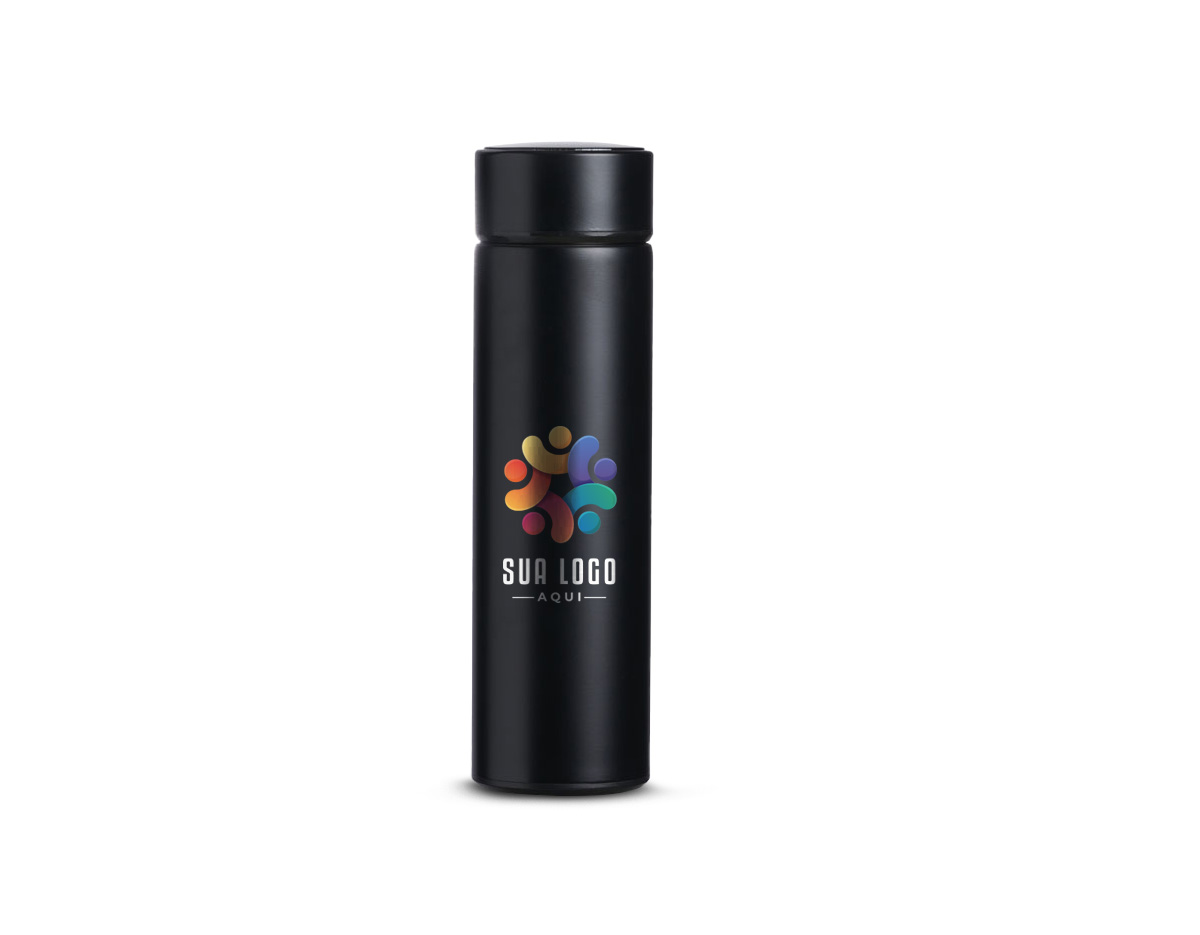 Garrafa térmica de parede dupla em inox, capacidade de 400ml. Tampa com display touch screen de temperatura em led, acompanha infusor de bebidas.