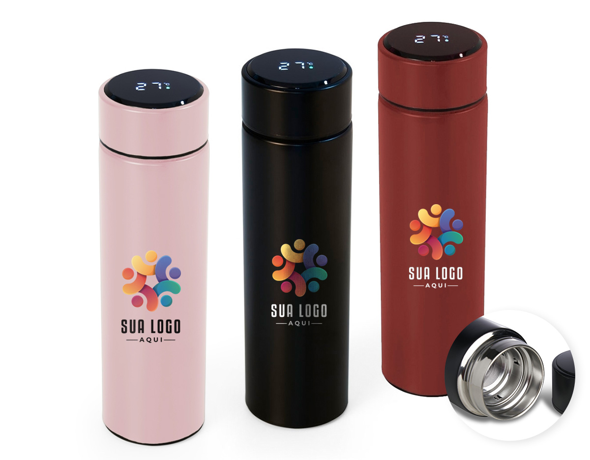 Garrafa térmica de parede dupla em inox, capacidade de 400ml. Tampa com display touch screen de temperatura em led, acompanha infusor de bebidas.
