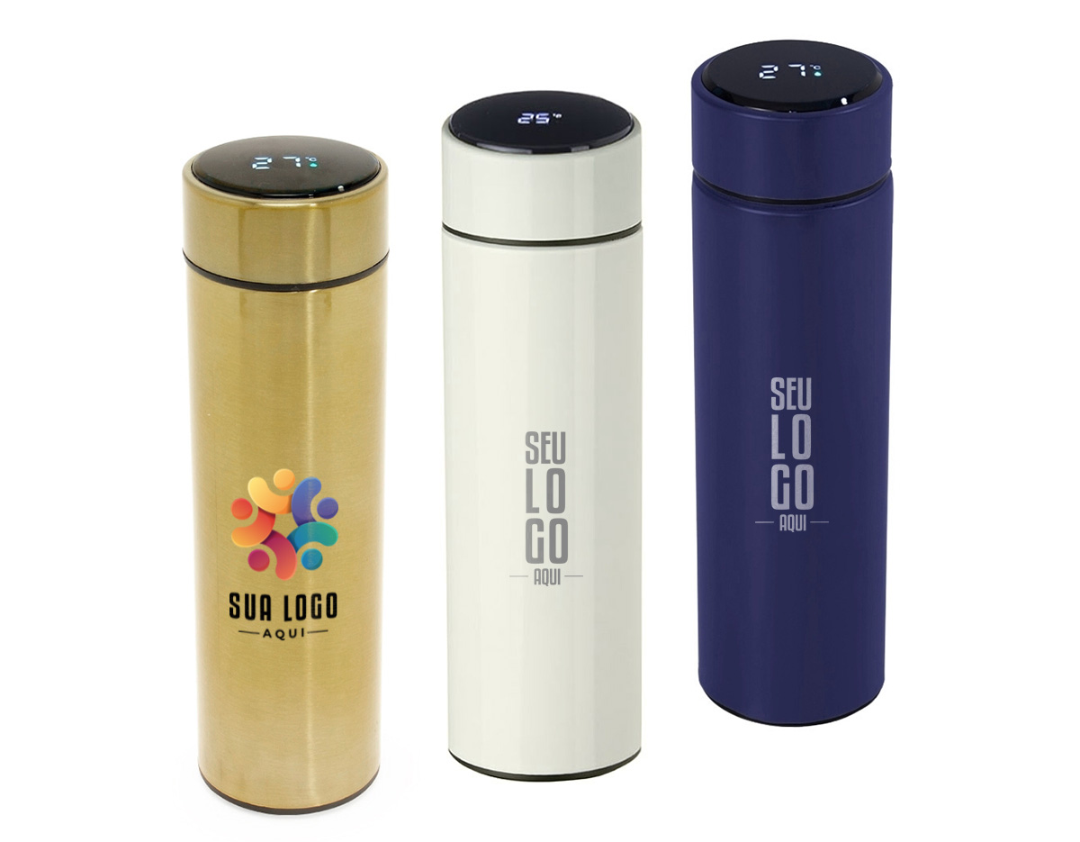 Garrafa térmica de parede dupla em inox, capacidade de 400ml. Tampa com display touch screen de temperatura em led, acompanha infusor de bebidas.