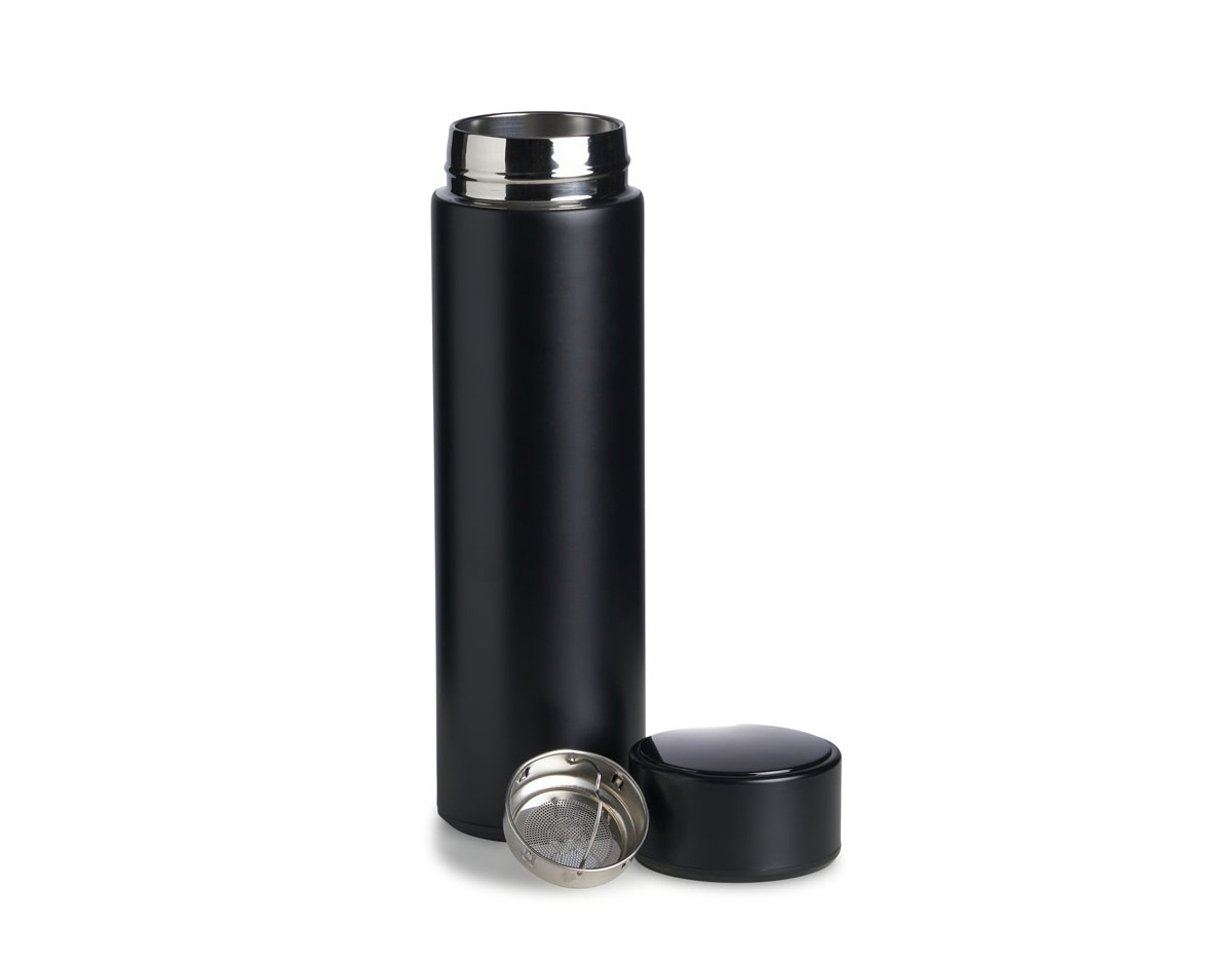 Garrafa térmica de parede dupla em inox, capacidade de 400ml. Tampa com display touch screen de temperatura em led, acompanha infusor de bebidas.