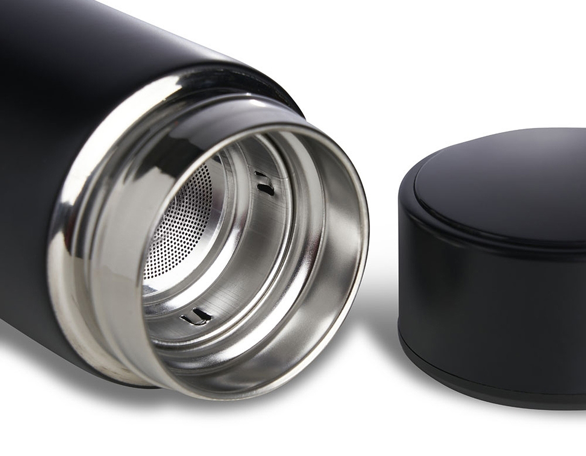 Garrafa térmica de parede dupla em inox, capacidade de 400ml. Tampa com display touch screen de temperatura em led, acompanha infusor de bebidas.