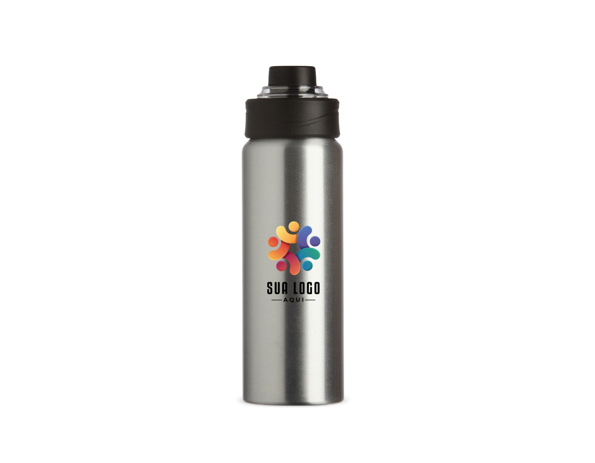 Squeeze em alumínio de 800ml com tampa rosqueável, bocal com proteção plástica e alças de nylon e plástico. Ideal para manter a hidratação com praticidade no dia a dia ou em atividades físicas.