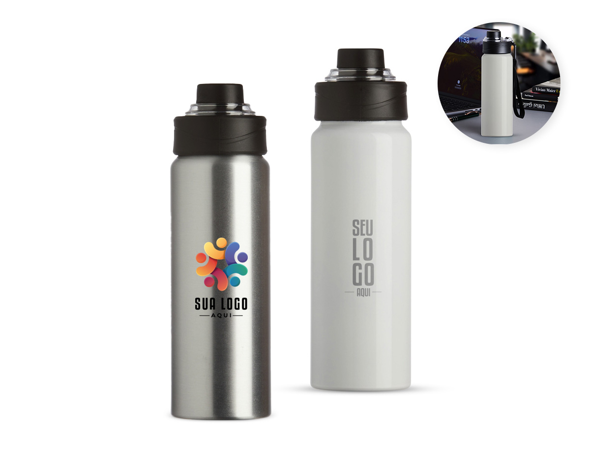 Squeeze em alumínio de 800ml com tampa rosqueável, bocal com proteção plástica e alças de nylon e plástico. Ideal para manter a hidratação com praticidade no dia a dia ou em atividades físicas.