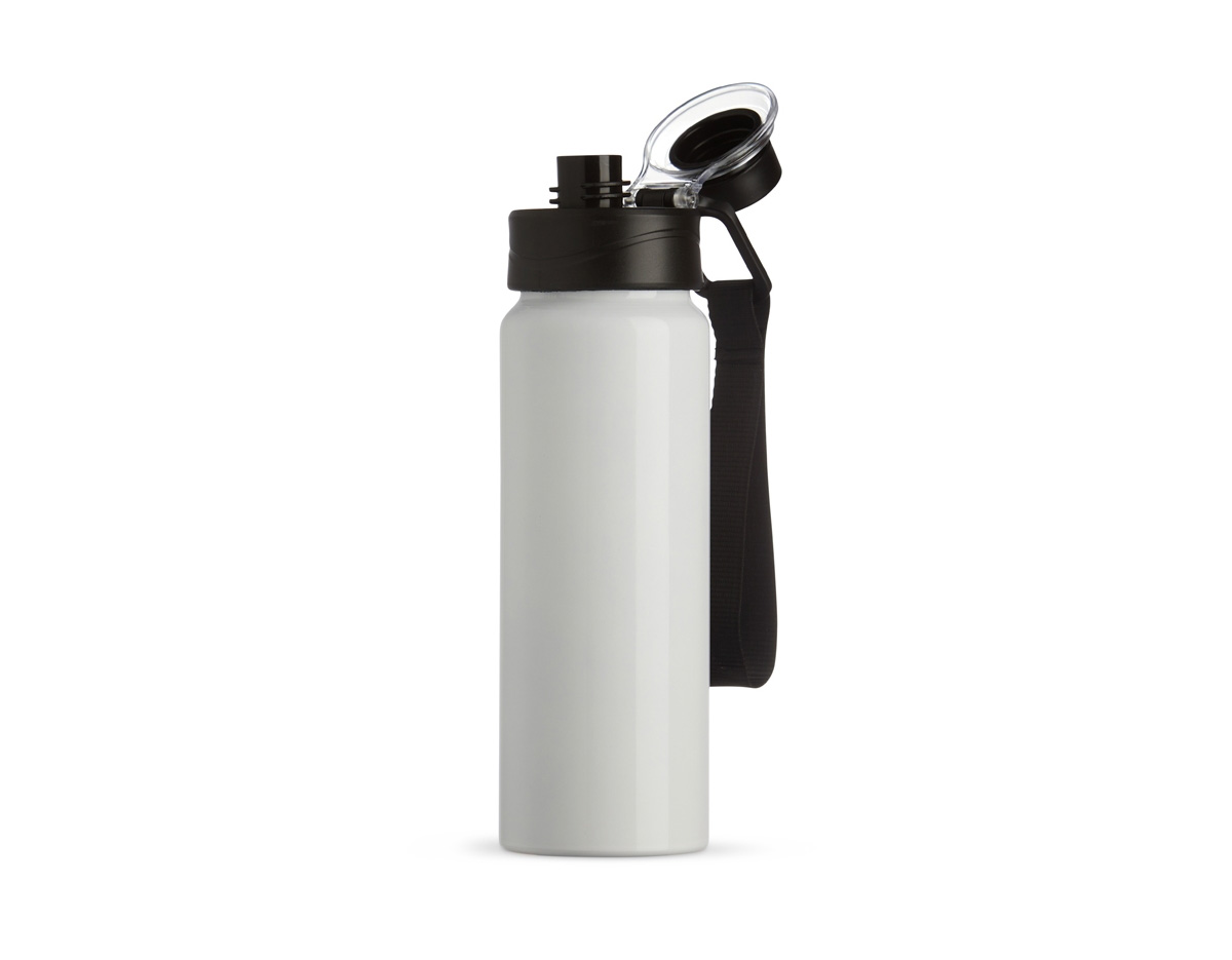 Squeeze em alumínio de 800ml com tampa rosqueável, bocal com proteção plástica e alças de nylon e plástico. Ideal para manter a hidratação com praticidade no dia a dia ou em atividades físicas.
