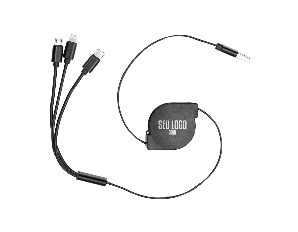 Cabo USB retrátil com as entradas Lightning/iPhone, V8/Android e Tipo-C/Android. Suporte com rolamento e trava automática. Suporte com frente lisa e parte traseira com área para aplicação de adesivo ou etiqueta resinada.