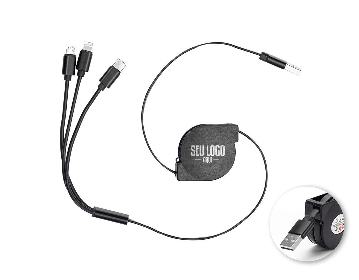 Cabo USB retrátil com as entradas Lightning/iPhone, V8/Android e Tipo-C/Android. Suporte com rolamento e trava automática. Suporte com frente lisa e parte traseira com área para aplicação de adesivo ou etiqueta resinada.