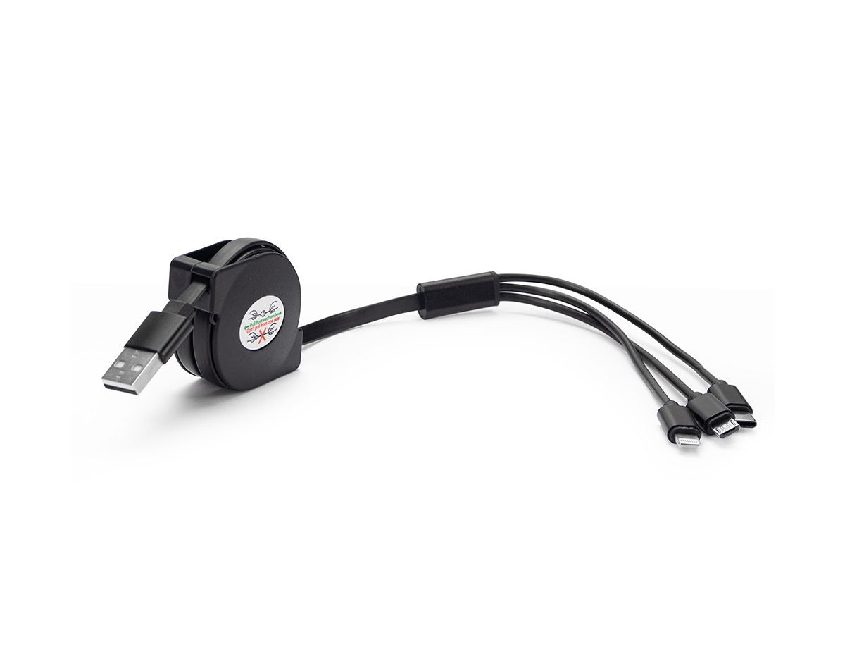 Cabo USB retrátil com as entradas Lightning/iPhone, V8/Android e Tipo-C/Android. Suporte com rolamento e trava automática. Suporte com frente lisa e parte traseira com área para aplicação de adesivo ou etiqueta resinada.