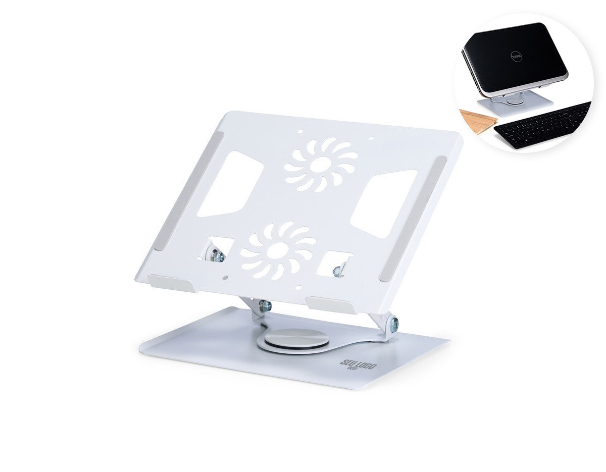 Suporte articulado para notebook com ajuste de ângulo e rotação. Em aço, oferece ergonomia, dissipação de calor e tiras antiderrapantes para uso seguro em casa, trabalho ou escola.