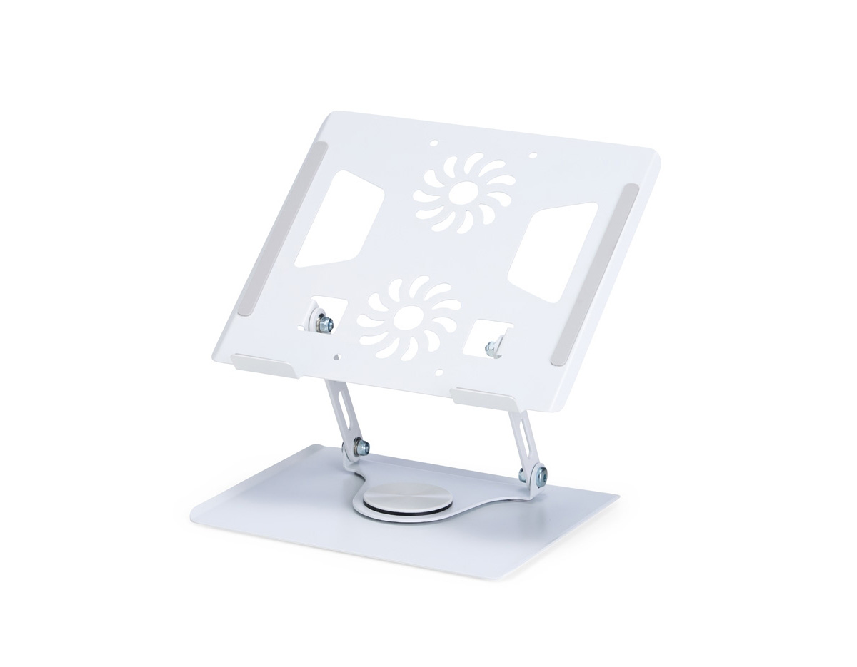 Suporte articulado para notebook com ajuste de ângulo e rotação. Em aço, oferece ergonomia, dissipação de calor e tiras antiderrapantes para uso seguro em casa, trabalho ou escola.