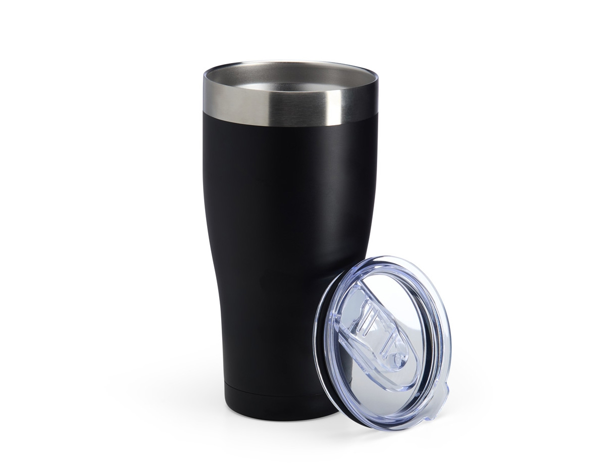 Copo térmico robusto com capacidade de 880ml, fabricado em aço inoxidável de alta durabilidade. Conta com tampa funcional equipada com bocal para beber e trava de segurança, oferecendo praticidade e evitando vazamentos. Ideal para bebidas quentes ou frias, perfeito para o dia a dia, viagens ou atividades ao ar livre.