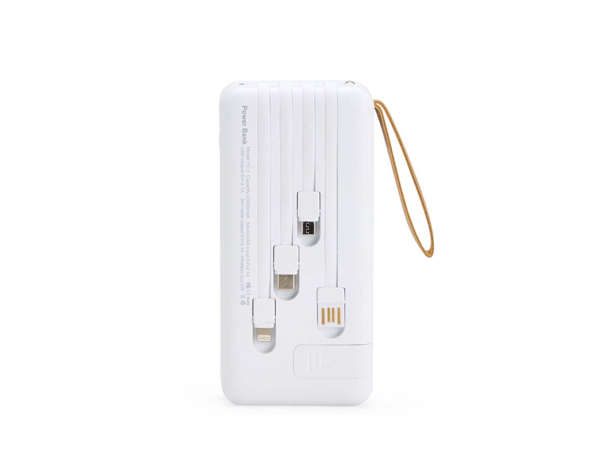 Mantenha a bateria de smartphone e outros dispositivos carregadas com um power bank ágil e eficiente. Feito em plástico e com capacidade de 20.000mAh, ele tem capacidade de sobra para fornecer a recarga necessária para celulares ou tablets nos momentos mais importantes do dia. Possui painel LED com indicador de porcentagem de carga da bateria do aparelho de recarga. Versátil, o power bank é compatível com diversos dispositivos, pois conta com quatro cabos acoplados: USB-C, Micro USB, Lightning e Cabo USB, e também com espaço reservado para carregamento por indução, além de uma saída USB-C, Micro-USB e USB para recarga do carregador. Também apresenta um suporte lateral integrado para manter o celular na horizontal durante o carregamento, facilitando a visualização de vídeos ou participações em reuniões virtuais enquanto o dispositivo carrega, além de uma alça em couro sintético para tornar seu transporte mais prático no dia a dia.