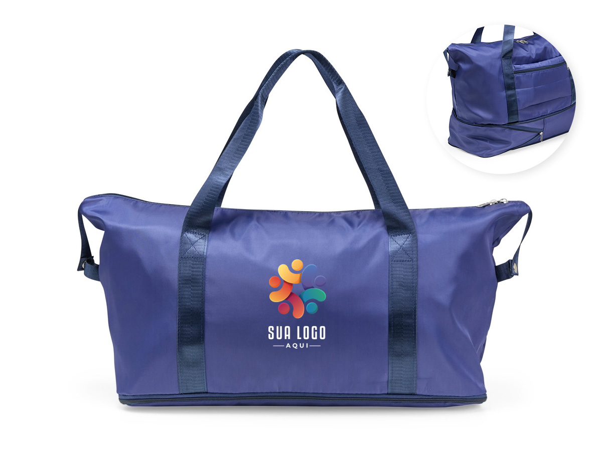 Bolsa esportiva com capacidade expansível de até 32 litros, ideal para transportar roupas, calçados e equipamentos. Feita em poliéster resistente à água, possui alças reforçadas, dois bolsos internos (um com zíper e outro dividido) e bolso externo. O compartimento inferior permite ampliar o espaço conforme a necessidade.
