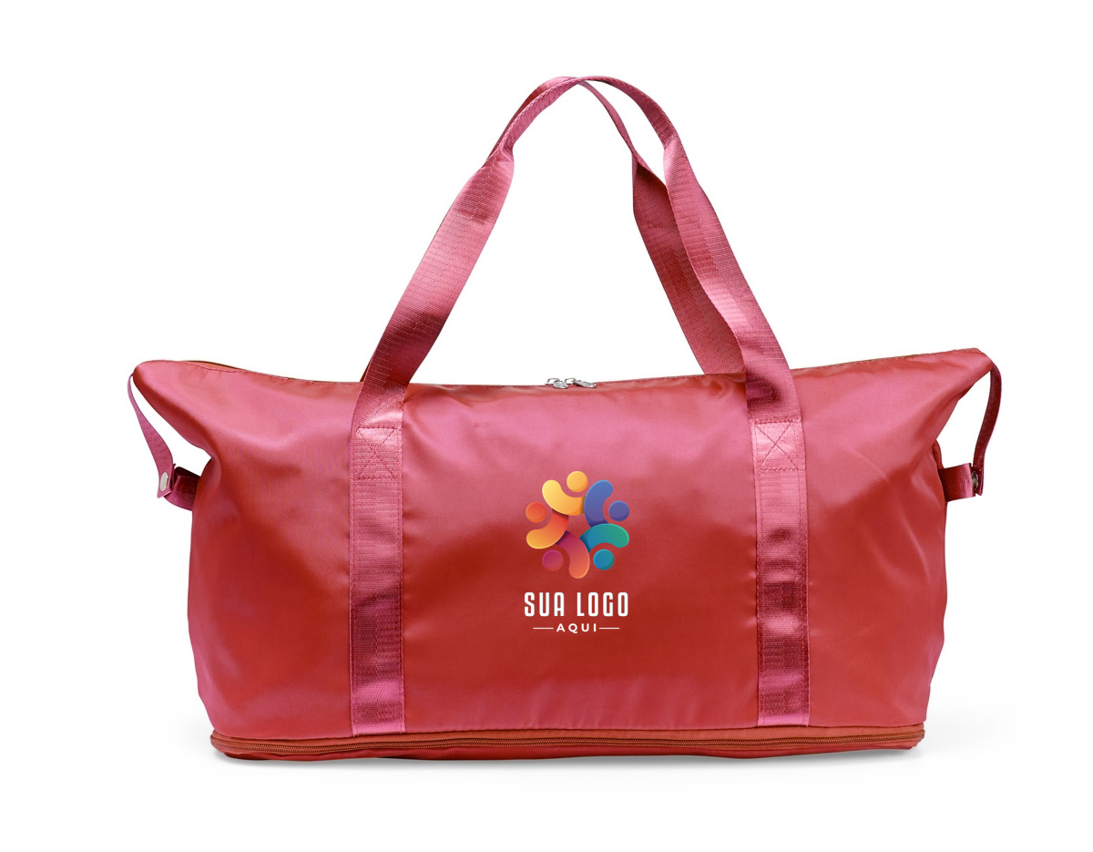 Bolsa esportiva com capacidade expansível de até 32 litros, ideal para transportar roupas, calçados e equipamentos. Feita em poliéster resistente à água, possui alças reforçadas, dois bolsos internos (um com zíper e outro dividido) e bolso externo. O compartimento inferior permite ampliar o espaço conforme a necessidade.