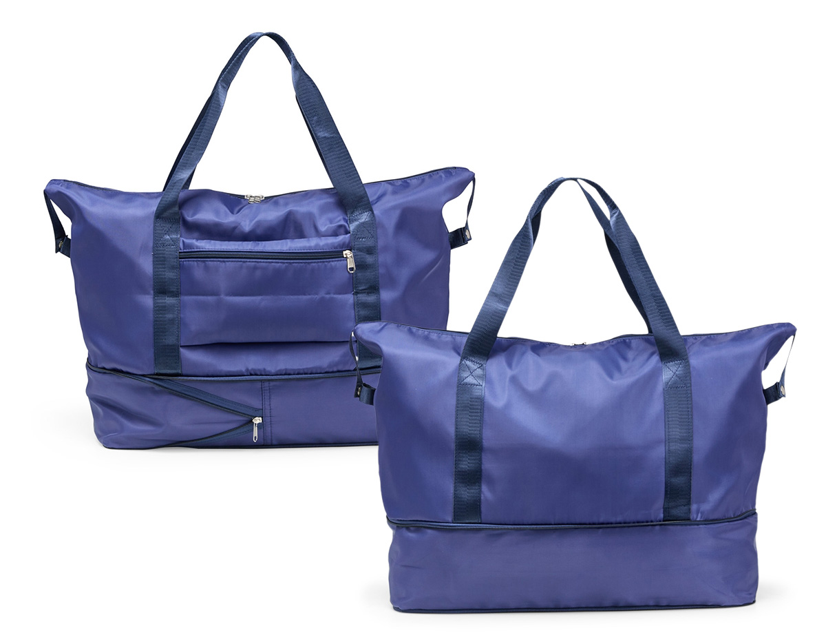 Bolsa esportiva com capacidade expansível de até 32 litros, ideal para transportar roupas, calçados e equipamentos. Feita em poliéster resistente à água, possui alças reforçadas, dois bolsos internos (um com zíper e outro dividido) e bolso externo. O compartimento inferior permite ampliar o espaço conforme a necessidade.