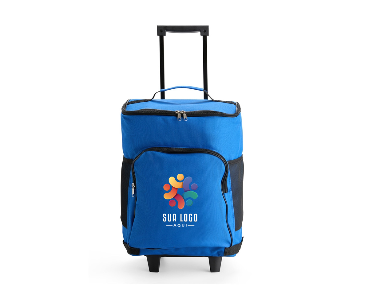 Bolsa térmica com rodinhas, capacidade de até 23?L, ideal para manter alimentos frescos em diferentes ocasiões. Produzida em poliéster resistente à água, com revestimento interno em PEVA atóxico e antivazamento. Possui bolso frontal, dois bolsos laterais em tela e freios removíveis com velcro.