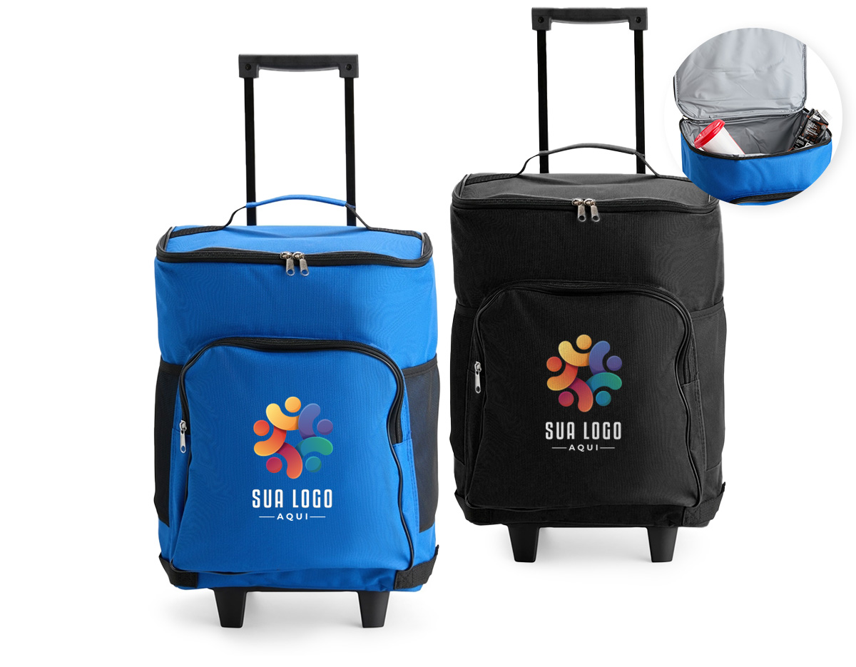 Bolsa térmica com rodinhas, capacidade de até 23?L, ideal para manter alimentos frescos em diferentes ocasiões. Produzida em poliéster resistente à água, com revestimento interno em PEVA atóxico e antivazamento. Possui bolso frontal, dois bolsos laterais em tela e freios removíveis com velcro.