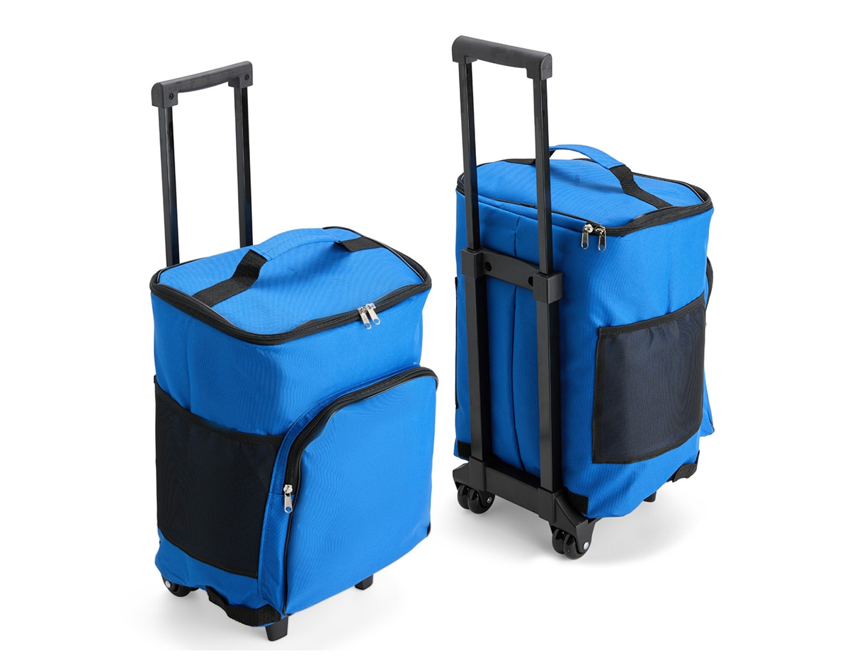 Bolsa térmica com rodinhas, capacidade de até 23?L, ideal para manter alimentos frescos em diferentes ocasiões. Produzida em poliéster resistente à água, com revestimento interno em PEVA atóxico e antivazamento. Possui bolso frontal, dois bolsos laterais em tela e freios removíveis com velcro.