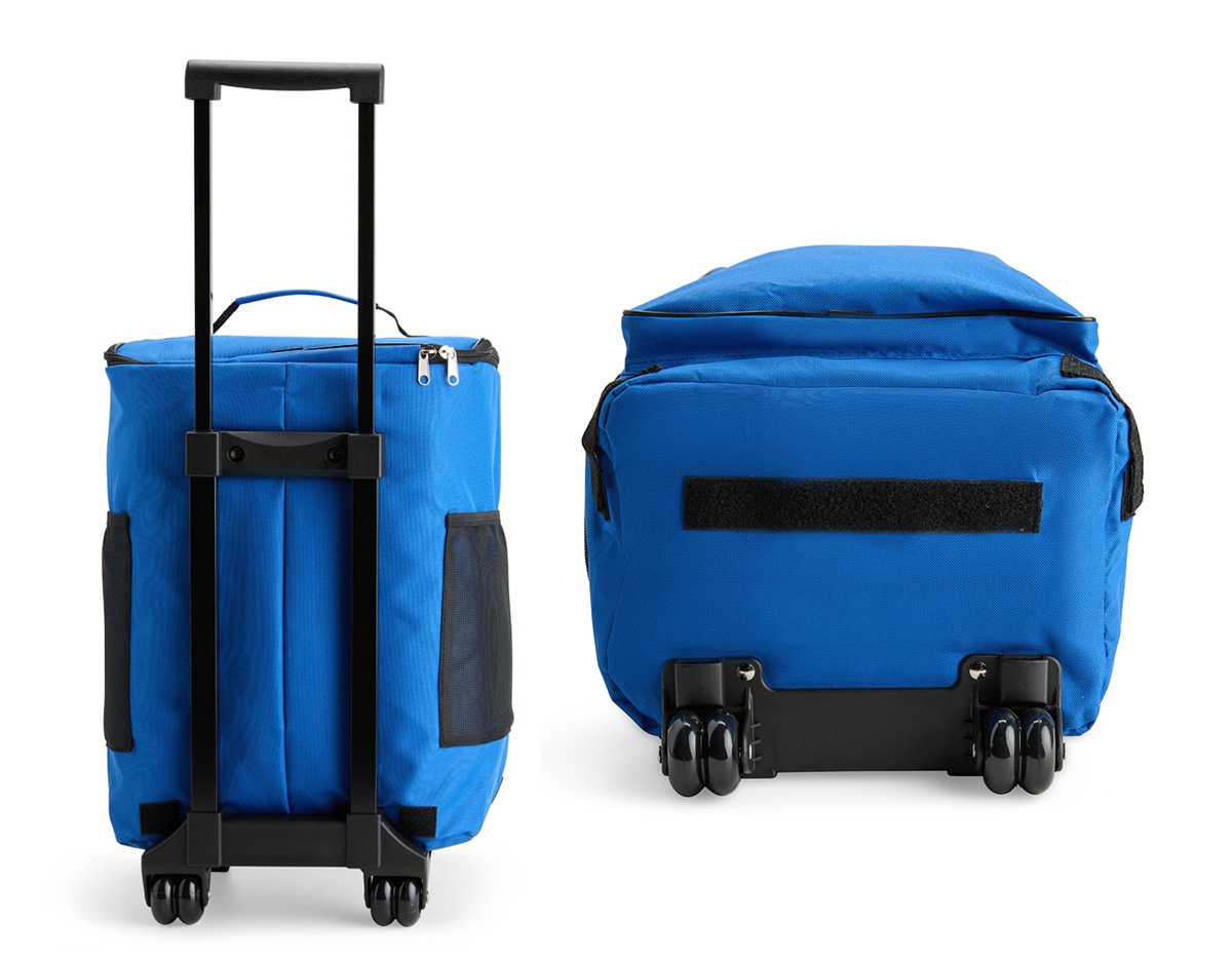 Bolsa térmica com rodinhas, capacidade de até 23?L, ideal para manter alimentos frescos em diferentes ocasiões. Produzida em poliéster resistente à água, com revestimento interno em PEVA atóxico e antivazamento. Possui bolso frontal, dois bolsos laterais em tela e freios removíveis com velcro.
