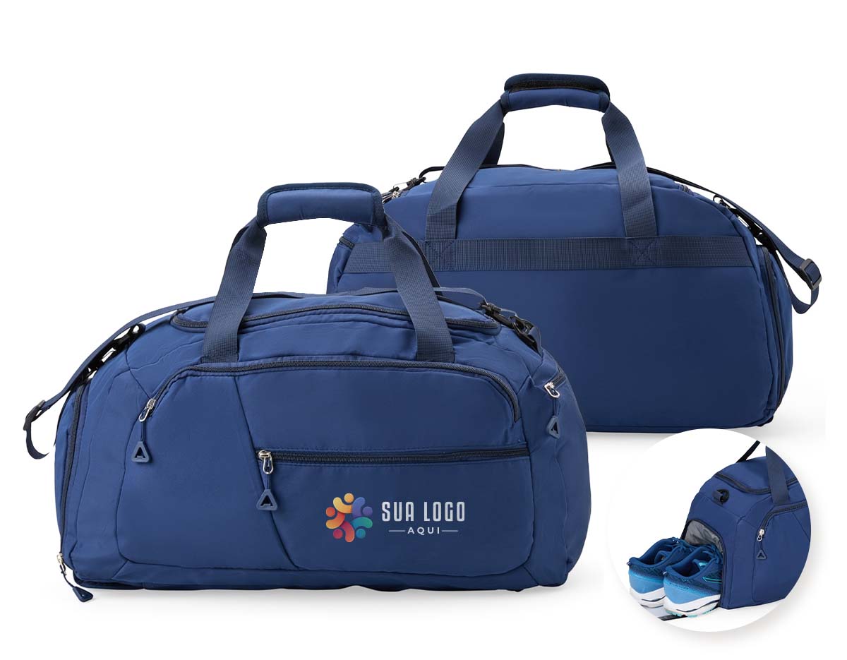 Bolsa esportiva de 28L feita em Oxford resistente à água. Possui quatro compartimentos principais, incluindo um bolso lateral ideal para calçados ou roupas molhadas. Pode ser transportada com alças de mão, alça transversal removível ou como mochila, com alças traseiras e acesso principal pela lateral.