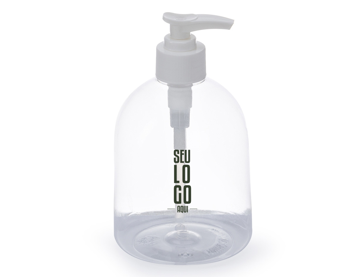 Frasco 500ml produzido em plástico, tampa rosqueável com válvula pump e trava de segurança, basta pressionar e girar a parte superior para travar o produto.