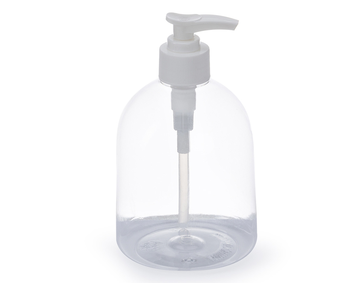 Frasco 500ml produzido em plástico, tampa rosqueável com válvula pump e trava de segurança, basta pressionar e girar a parte superior para travar o produto.