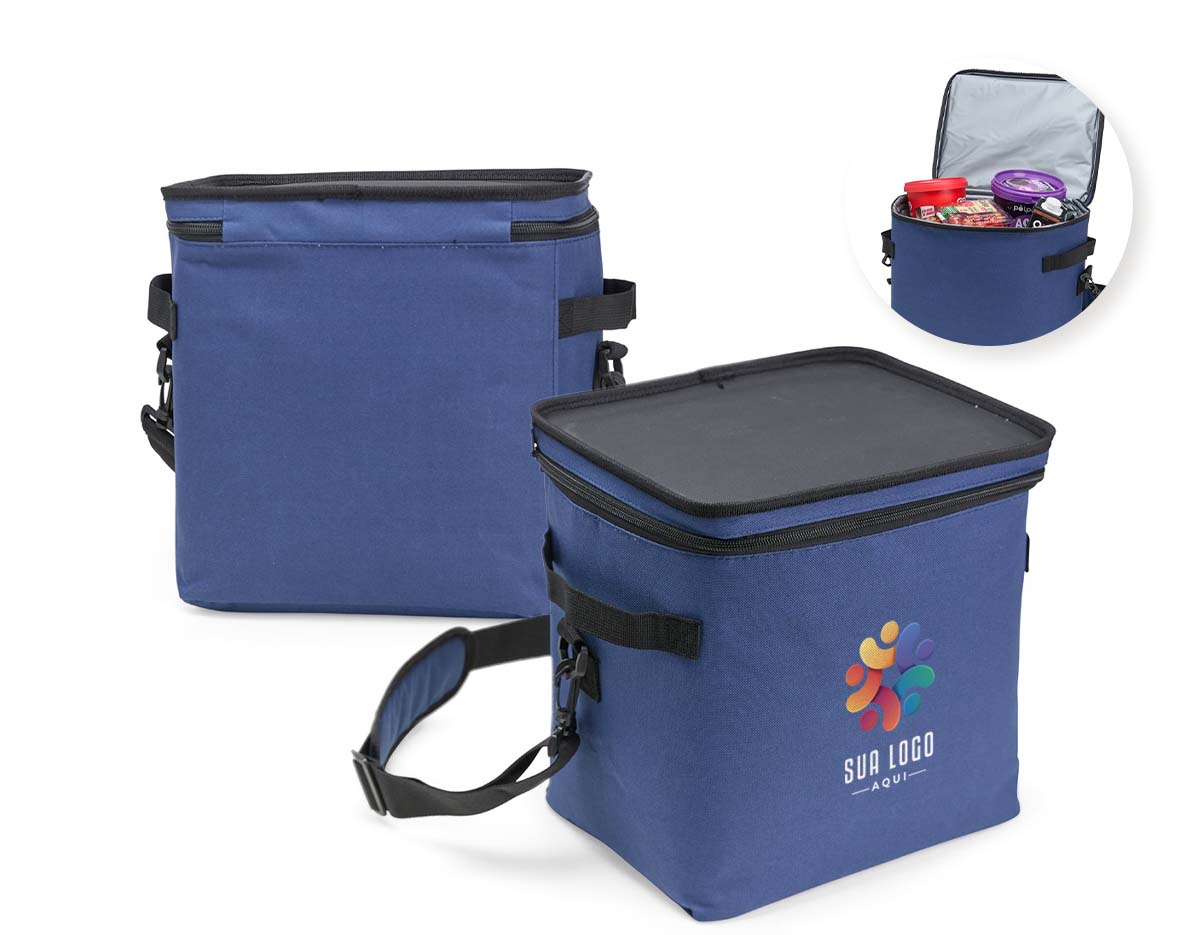 Bolsa térmica de 15L feita em poliéster resistente à água, com revestimento interno em PEVA atóxico. Conserva alimentos e bebidas em temperatura adequada, sem risco de vazamentos. Possui alça transversal removível, ideal para uso diário ou eventos ao ar livre.