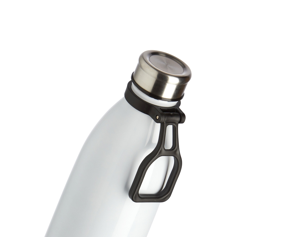Garrafa de inox com capacidade de 1,1 litros, ideal para armazenar bebidas quentes ou frias. Possui tampa rosqueável que evita vazamentos e alça plástica para facilitar o transporte, sendo prática para o uso diário ou em deslocamentos.