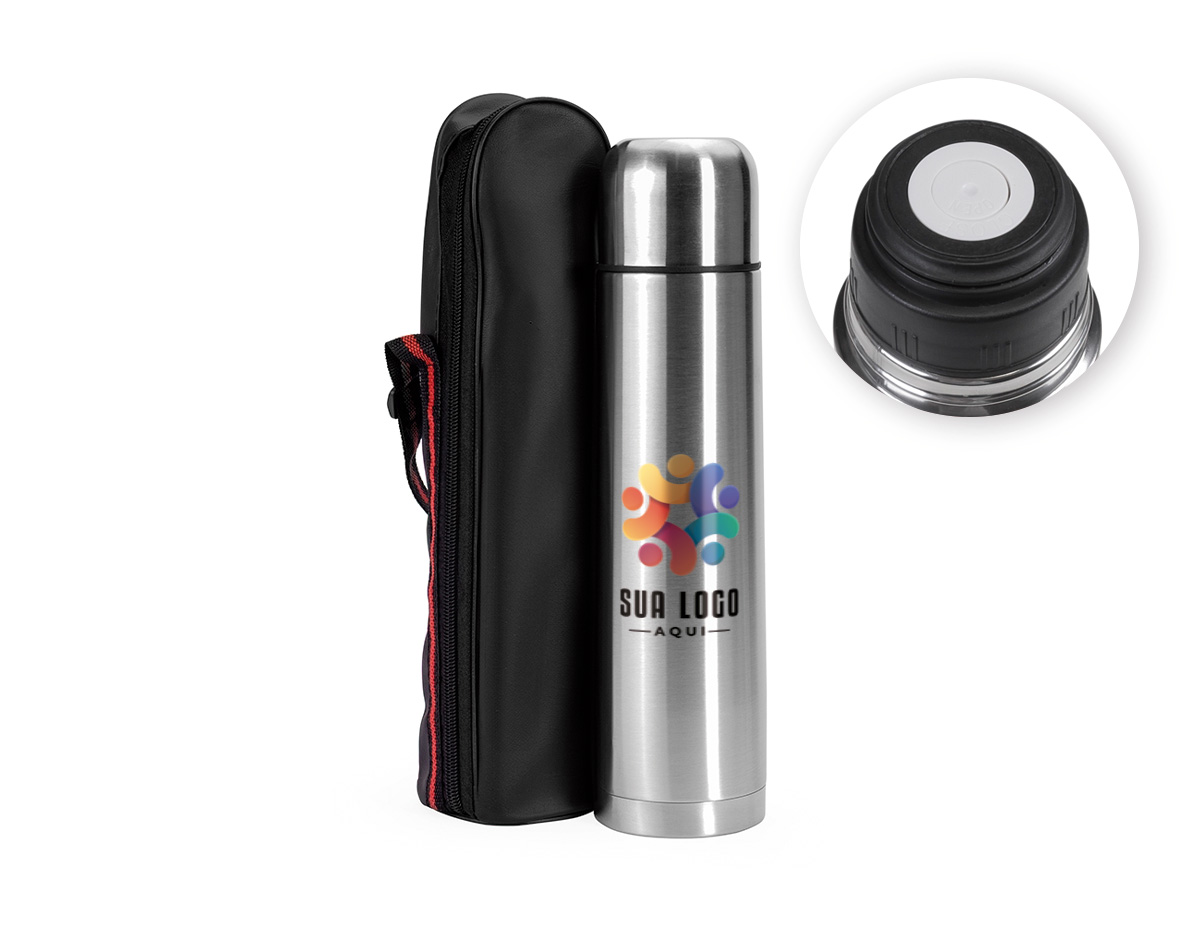 Garrafa térmica de inox com 1 litro de capacidade, parede dupla e isolamento a vácuo para manter a temperatura de líquidos por mais tempo. Possui tampa interna vedante e tampa externa que funciona como copo de 150 ml. Acompanha estojo em PU com alça ajustável para transporte prático e elegante.