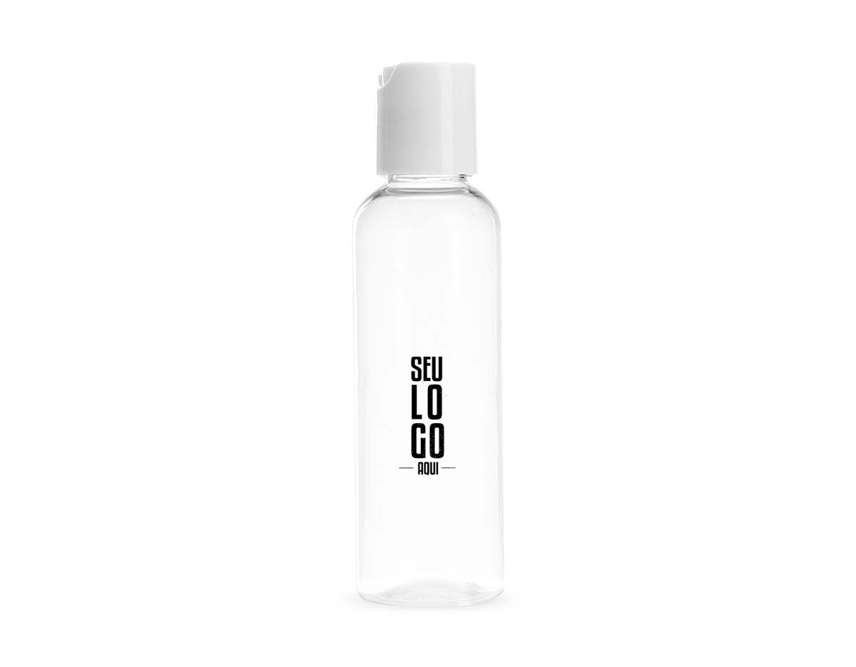 Frasco 60ml produzido em plástico polietileno, tampa rosqueável disk top com detalhe em relevo escrito “PRESS” basta pressioná-lo para utilizar.