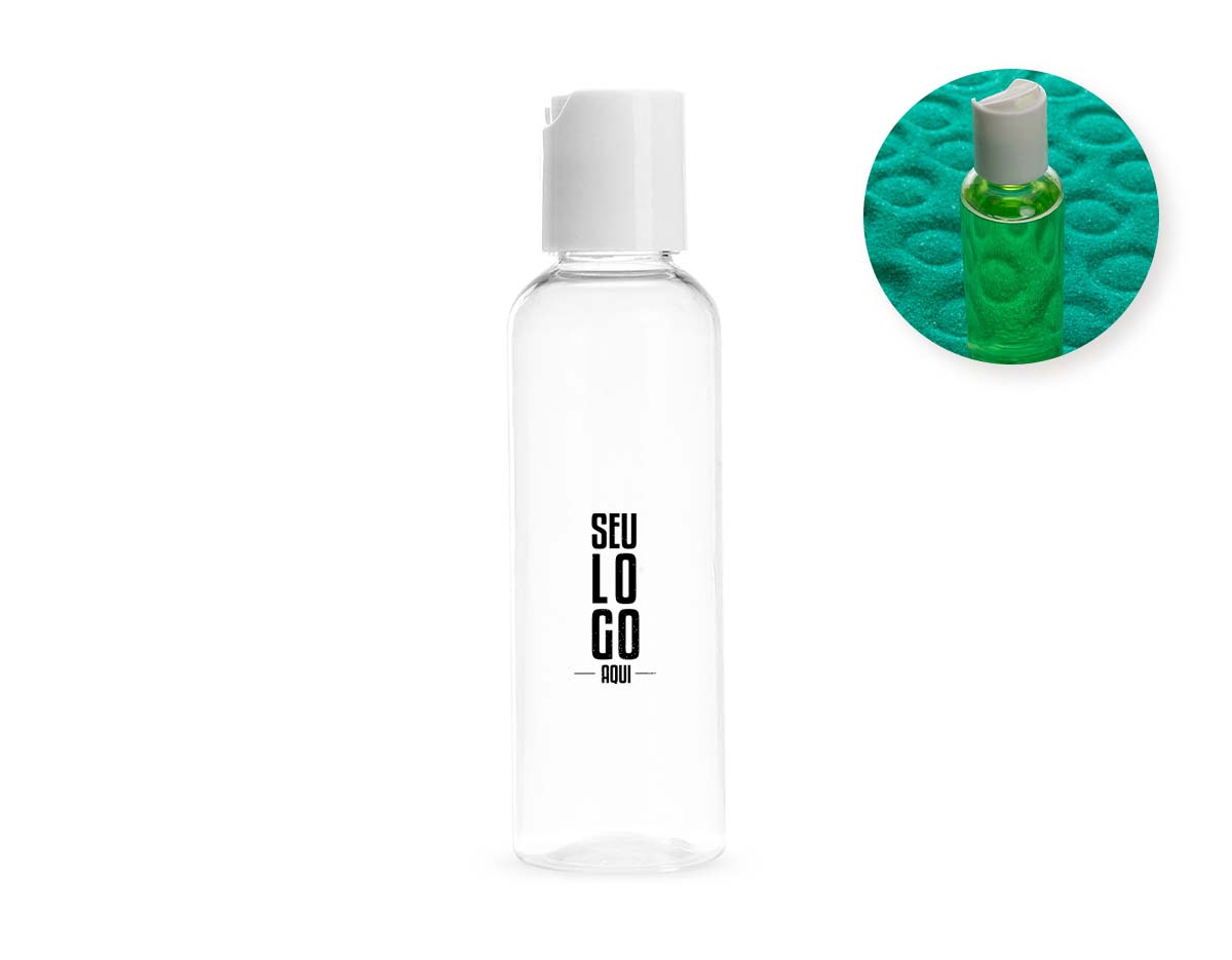 Frasco 60ml produzido em plástico polietileno, tampa rosqueável disk top com detalhe em relevo escrito “PRESS” basta pressioná-lo para utilizar.