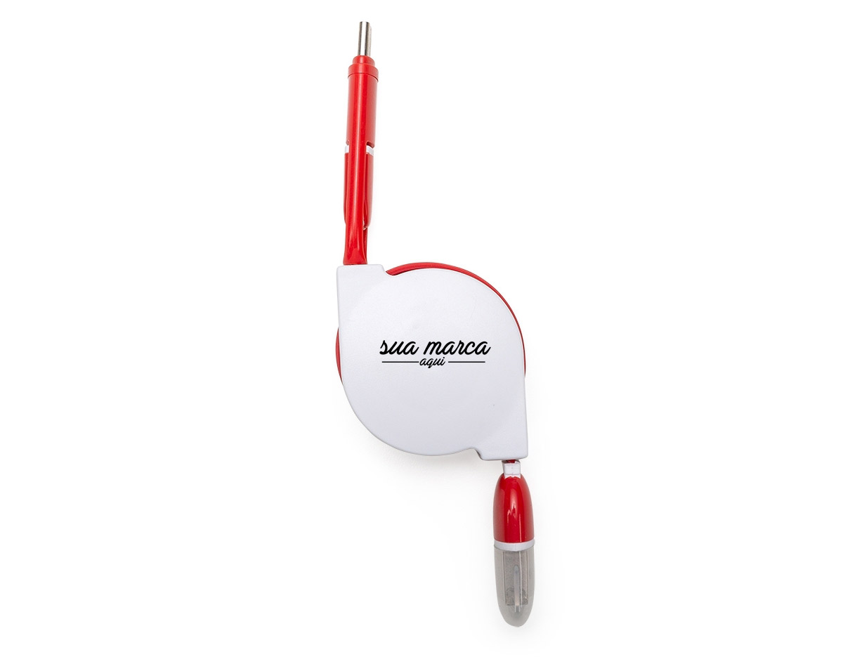 O ChatGPT disse: Cabo de dados USB retrátil com conectores Lightning, V8 e Tipo-C, ideal para diferentes dispositivos. Possui suporte com rolamento e trava automática, frente lisa e parte traseira própria para aplicação de adesivo ou etiqueta resinada, unindo funcionalidade e personalização.