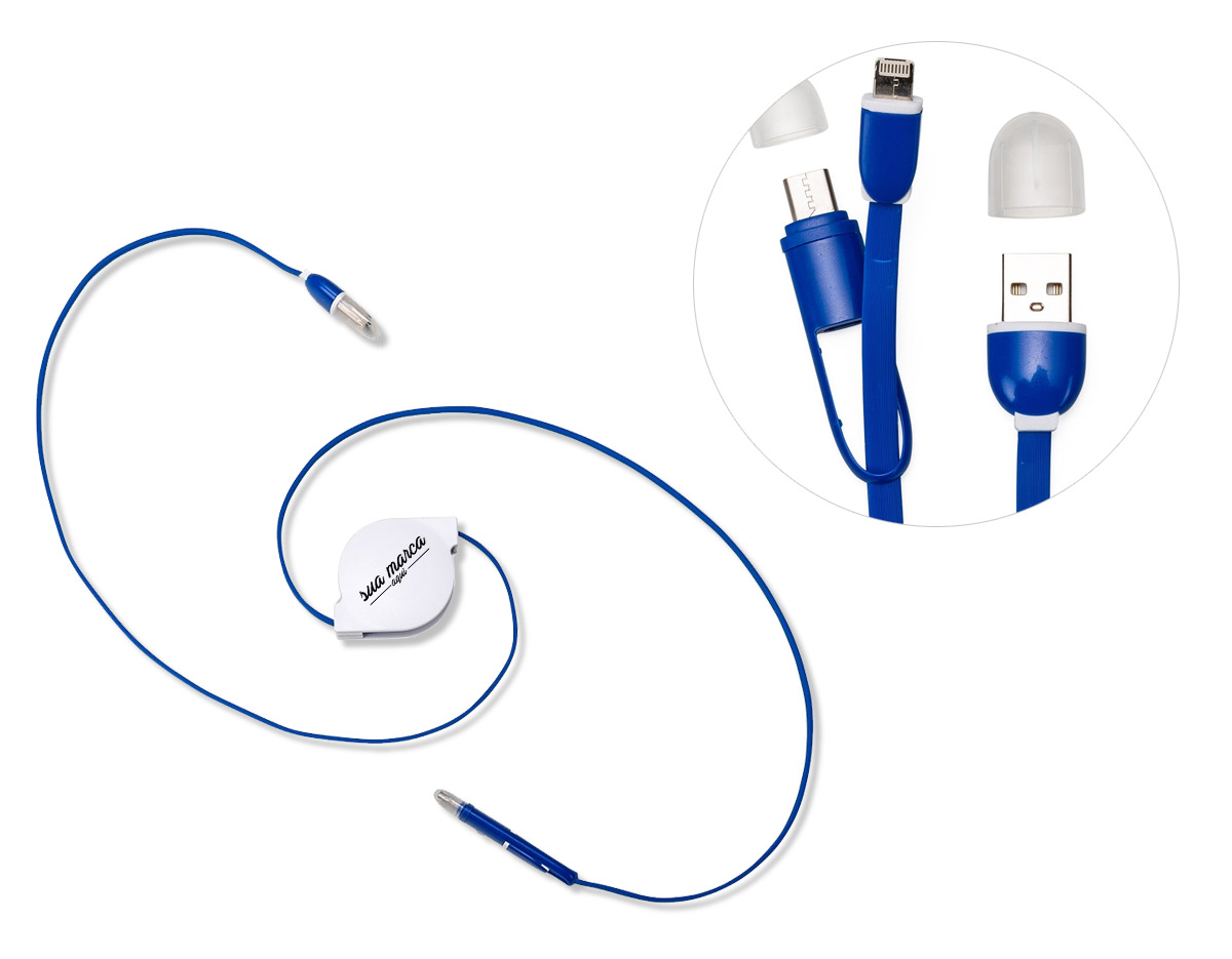 O ChatGPT disse: Cabo de dados USB retrátil com conectores Lightning, V8 e Tipo-C, ideal para diferentes dispositivos. Possui suporte com rolamento e trava automática, frente lisa e parte traseira própria para aplicação de adesivo ou etiqueta resinada, unindo funcionalidade e personalização.