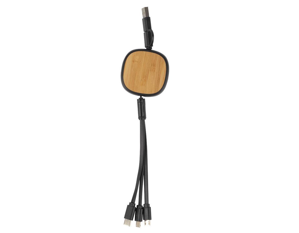 Carregador fabricado em plástico resistente, com detalhe em bambu natural, unindo tecnologia e sustentabilidade. Possui tamanho ajustável, oferecendo praticidade para acomodar diferentes dispositivos durante o carregamento. Design funcional e elegante, ideal para uso no escritório, home office ou como brinde corporativo com apelo ecológico.