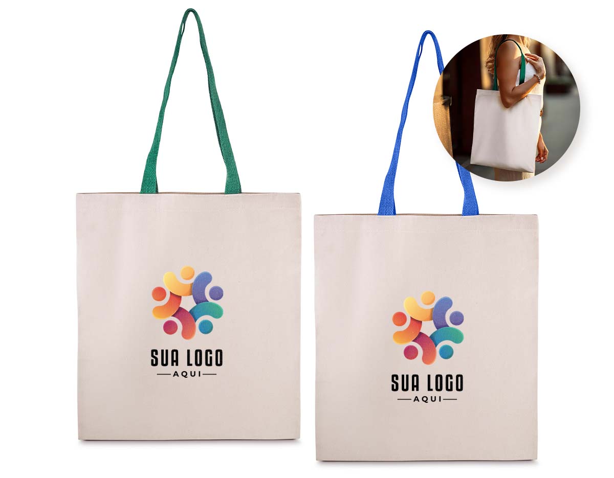 Sacola em algodão cru 140g/m², resistente e sustentável, com alça colorida que adiciona um toque de estilo e personalidade. Ideal para compras, eventos, feiras e ações promocionais. Leve, prática e com excelente área para personalização, é uma ótima opção de brinde ecológico para divulgar sua marca.