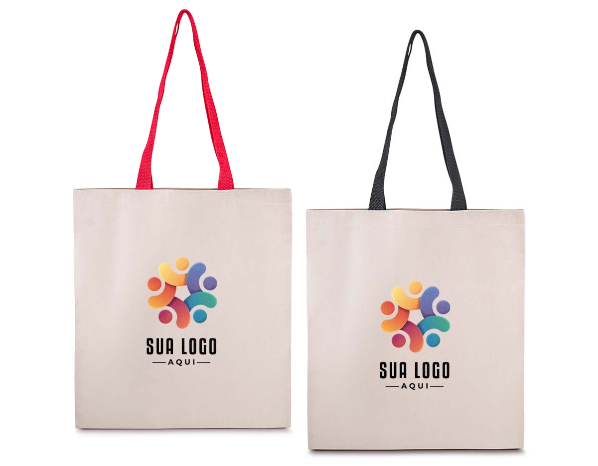 Sacola em algodão cru 140g/m², resistente e sustentável, com alça colorida que adiciona um toque de estilo e personalidade. Ideal para compras, eventos, feiras e ações promocionais. Leve, prática e com excelente área para personalização, é uma ótima opção de brinde ecológico para divulgar sua marca.