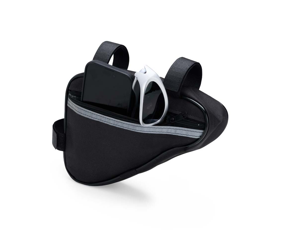 Bolsa para quadro de bicicleta feita em Oxford resistente e impermeável. Possui compartimento único com zíper, ideal para pequenos objetos, protegendo-os da chuva. Conta com tira refletiva para maior visibilidade e alças de nylon com velcro, que facilitam o ajuste seguro no quadro.