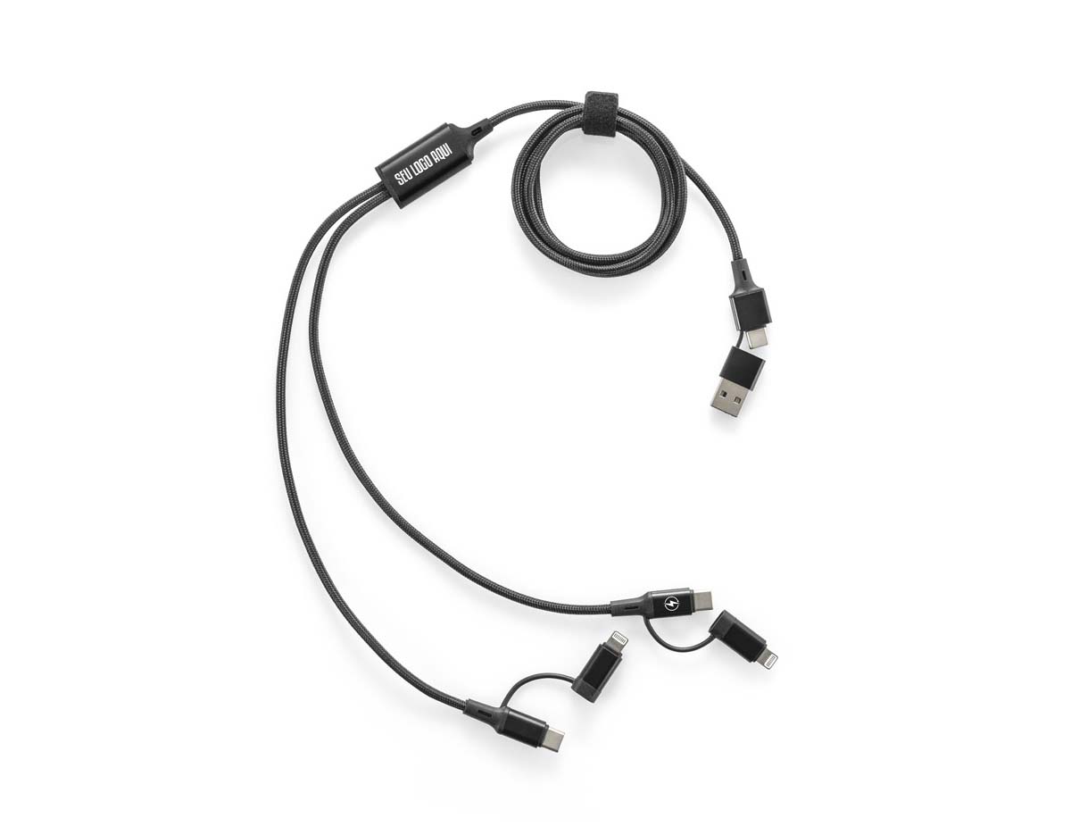 Cabo super-rápido 6 em 1 em alumínio 20% reciclado e PET 4% reciclado. Permite carregamento super-rápido de 60W via USB-C e transferência de dados. Apresenta uma entrada dupla USB-A/USB-C e duas saídas com duas portas USB-C que podem ser utilizadas em simultâneo. Em uma das extremidades tem uma saída compatível com lightning com carregamento rápido de 27W e na outra extremidade uma saída dupla micro-USB e compatível com ligthning de 10W.